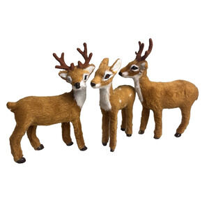 Faux Fur Deer Figurines Brown Realistic Holiday Decor Set of 3 Mini Figures